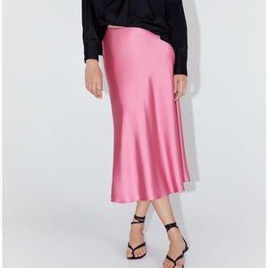 Zara Pink Satin Silk Midi Skirt